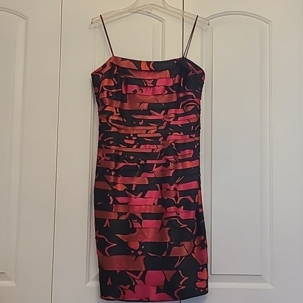 JS Collections Ruched Sheath Cocktail Dress Red, Pink & Black Size 14